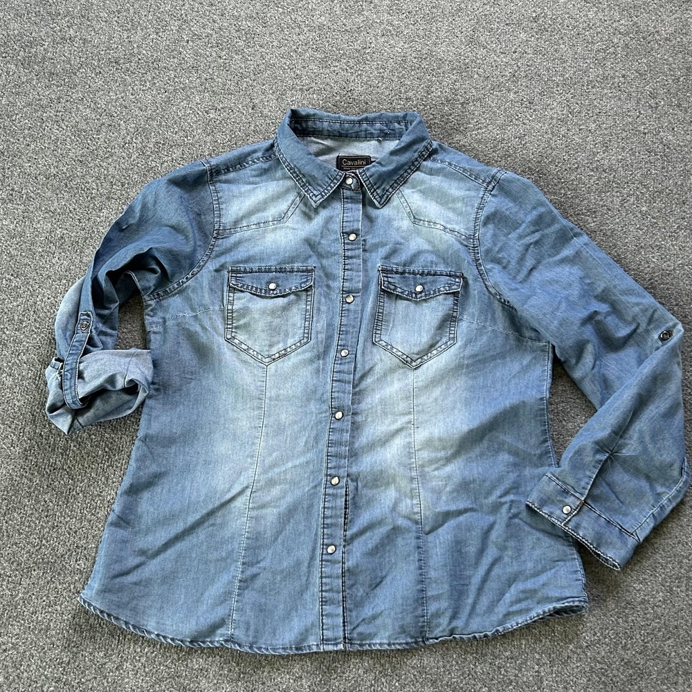 Cavalini Shirt Womens Large Blue Denim Snap Button Western Long Sleeve Collared
